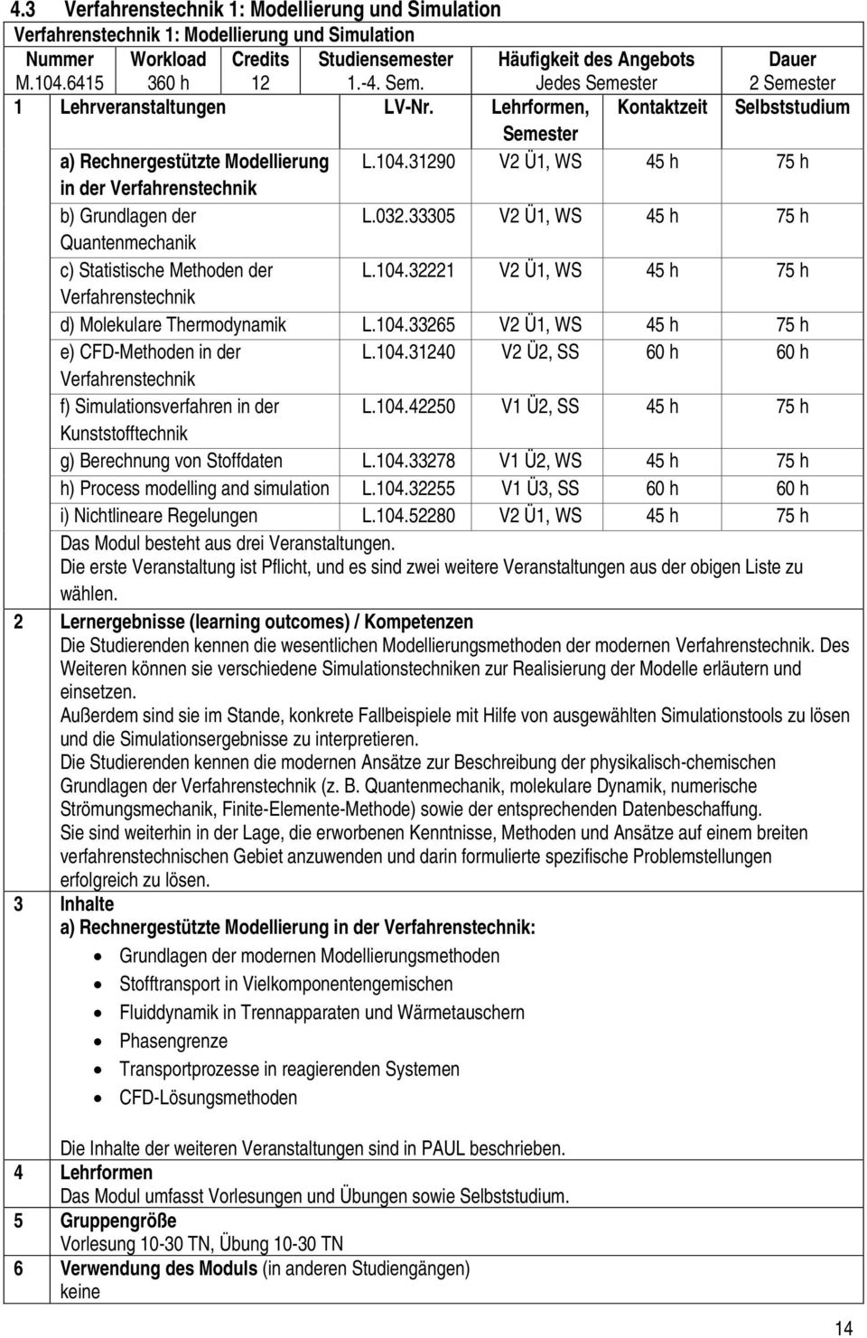 31290 V2 Ü1, WS 45 h 75 h in der Verfahrenstechnik b) Grundlagen der L.032.33305 V2 Ü1, WS 45 h 75 h Quantenmechanik c) Statistische Methoden der L.104.