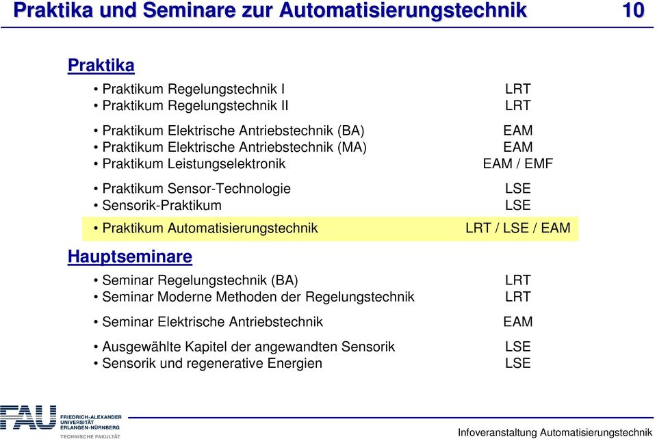 Praktikum Automatisierungstechnik Hauptseminare Seminar Regelungstechnik (BA) Seminar Moderne Methoden der Regelungstechnik Seminar Elektrische