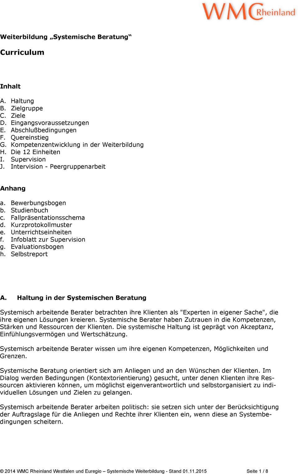 Infoblatt zur Supervision g. Evaluationsbogen h. Selbstreport A.