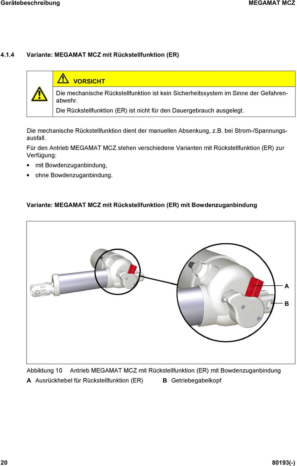 Für den Antrieb MEGAMAT MCZ stehen verschiedene Varianten mit Rückstellfunktion (ER) zur Verfügung: mit Bowdenzuganbindung, ohne Bowdenzuganbindung.