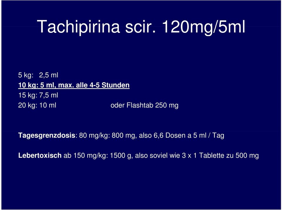 Tagesgrenzdosis: 80 mg/kg: 800 mg, also 6,6 Dosen a 5 ml / Tag