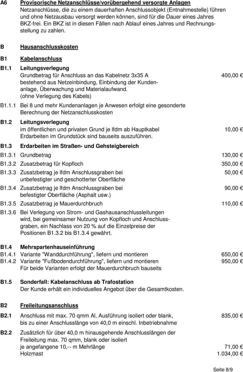 1 Leitungsverlegung Grundbetrag für Anschluss an das Kabelnetz 3x35 A 400,00 bestehend aus Netzeinbindung, Einbindung der Kundenanlage, Überwachung und Materialaufwand. (ohne Verlegung des Kabels) B1.