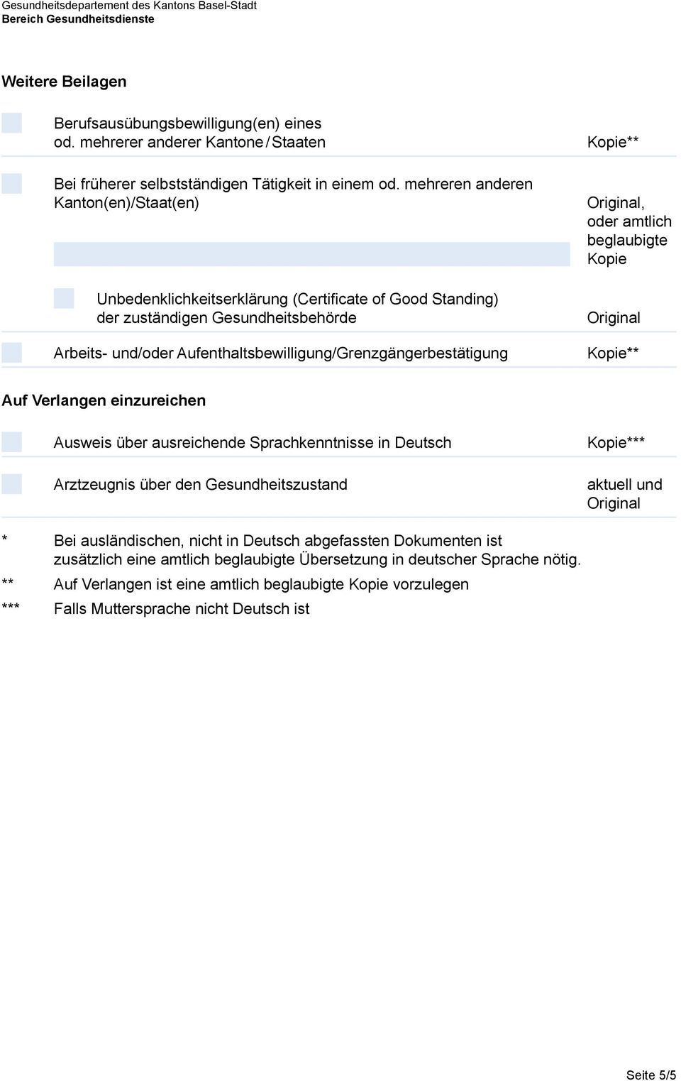 Aufenthaltsbewilligung/Grenzgängerbestätigung Kopie Original Auf Verlangen einzureichen Ausweis über ausreichende Sprachkenntnisse in Deutsch Arztzeugnis über den Gesundheitszustand