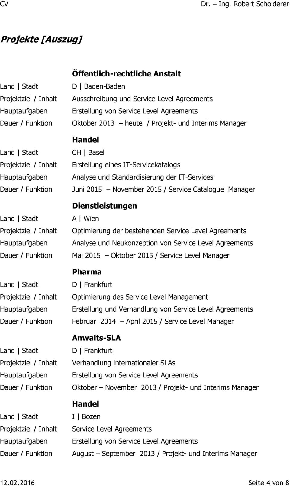 bestehenden Service Level Agreements Analyse und Neukonzeption von Service Level Agreements Mai 2015 Oktober 2015 / Service Level Manager Pharma Optimierung des Service Level Management Erstellung