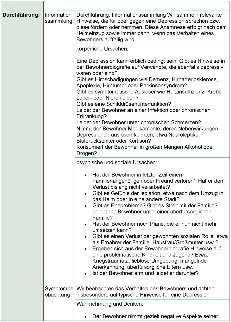 Gibt es Hinweise in der Bewohnerbiografie auf Verwandte, die ebenfalls depressiv waren oder sind? Gibt es Hirnschädigungen wie Demenz, Hirnarteriosklerose, Apoplexie, Hirntumor oder Parkinsonsyndrom?