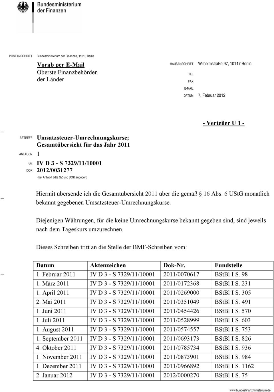 Februar 2012 - Verteiler U 1 - BETREFF ANLAGEN 1 Umsatzsteuer-Umrechnungskurse; Gesamtübersicht für das Jahr 2011 GZ IV D 3 - S 7329/11/10001 DOK 2012/0031277 (bei Antwort bitte GZ und DOK angeben)