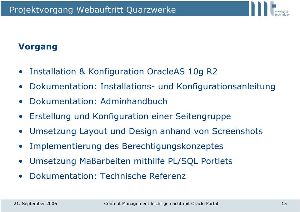 Seitengruppe Umsetzung Layout und Design anhand von Screenshots Implementierung des Berechtigungskonzeptes Umsetzung