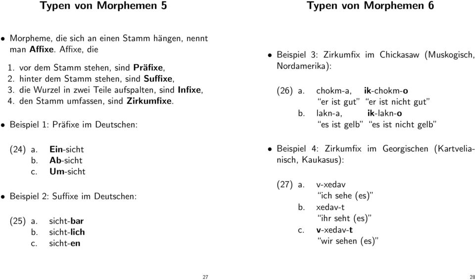 Ab-sicht c. Um-sicht Beispiel 2: Suffixe im Deutschen: (25) a. sicht-bar b. sicht-lich c. sicht-en Beispiel 3: Zirkumfix im Chickasaw (Muskogisch, Nordamerika): (26) a.