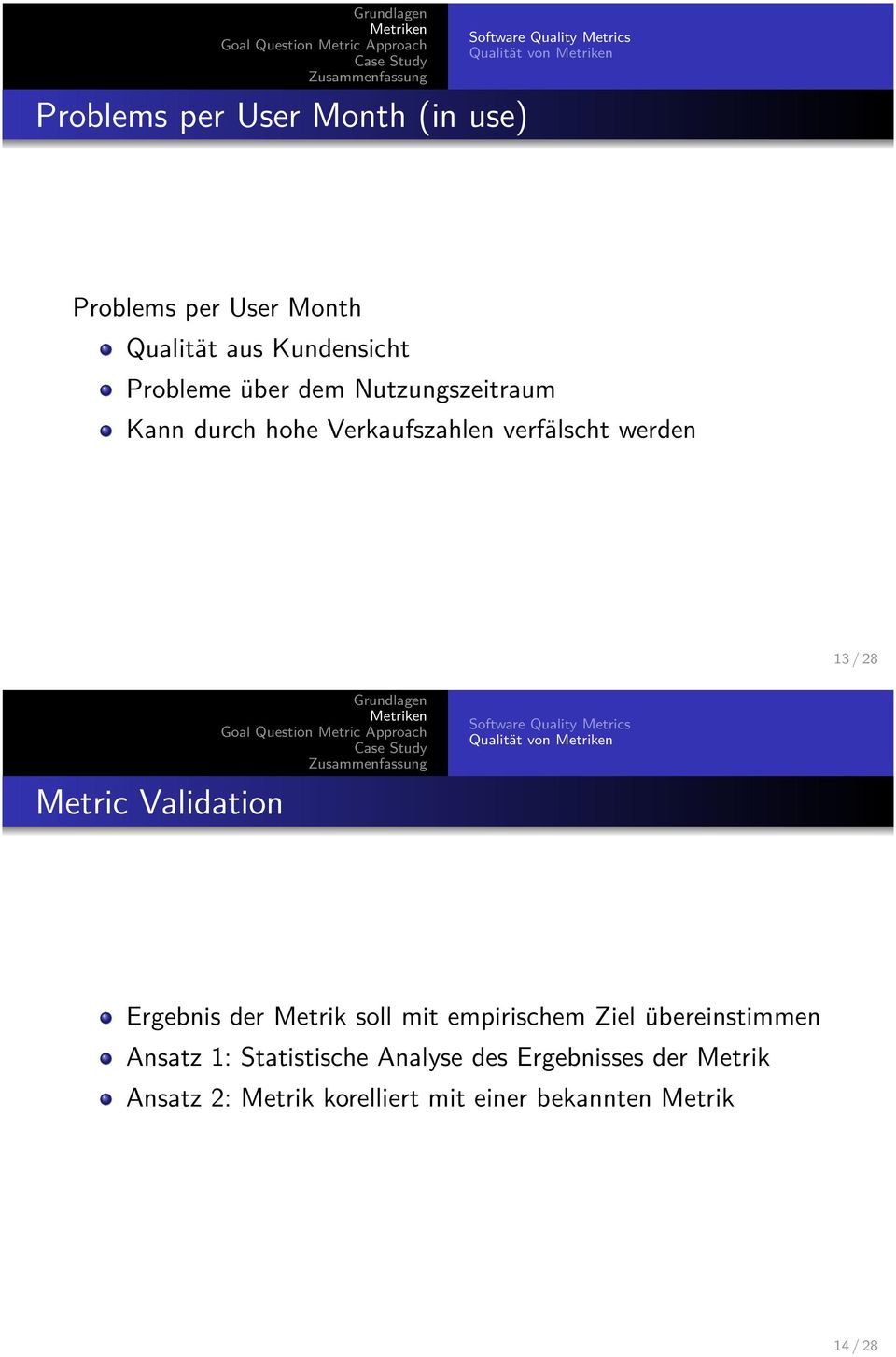 Validation Software Quality Metrics Qualität von Ergebnis der Metrik soll mit empirischem Ziel übereinstimmen