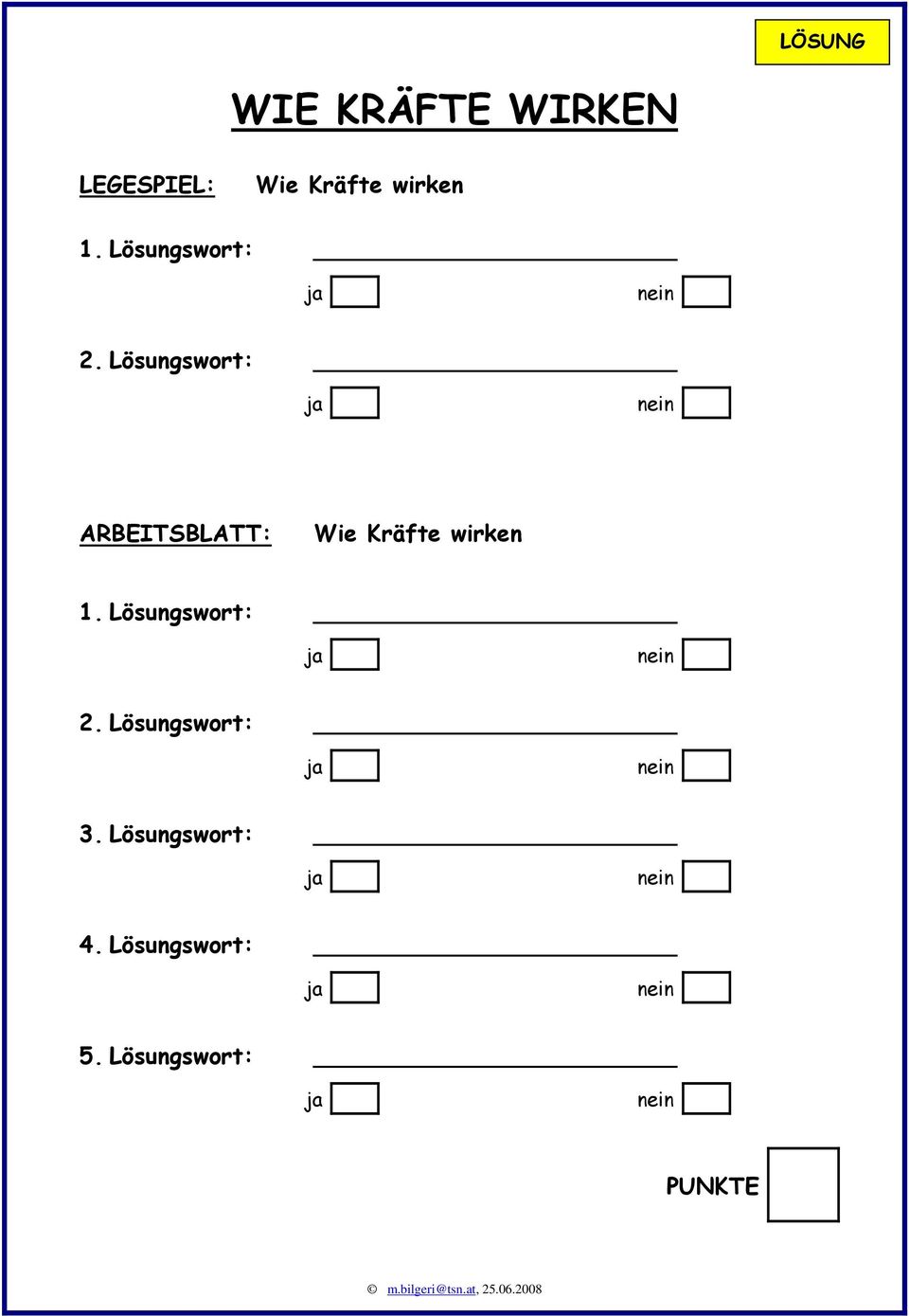 Lösungswort: ARBEITSBLATT: Wie Kräfte 