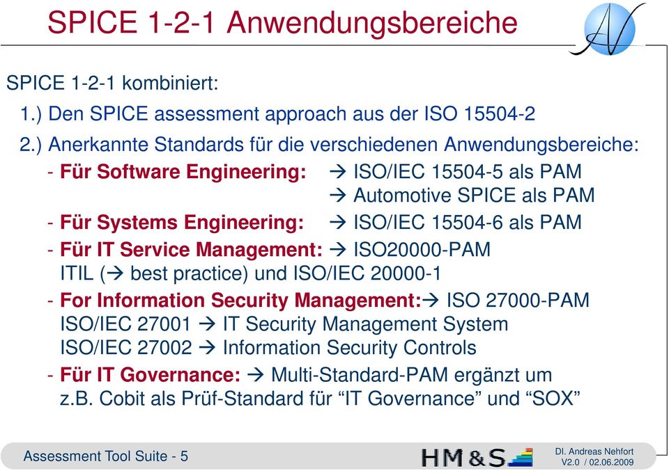 Engineering: ISO/IEC 15504-6 als PAM - Für IT Service Management: ISO20000-PAM ITIL ( best practice) und ISO/IEC 20000-1 - For Information Security Management: ISO