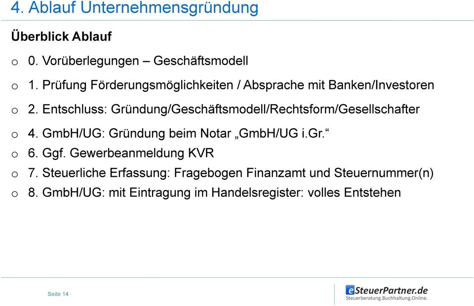 Entschluss: Gründung/Geschäftsmodell/Rechtsform/Gesellschafter o 4. GmbH/UG: Gründung beim Notar GmbH/UG i.gr.