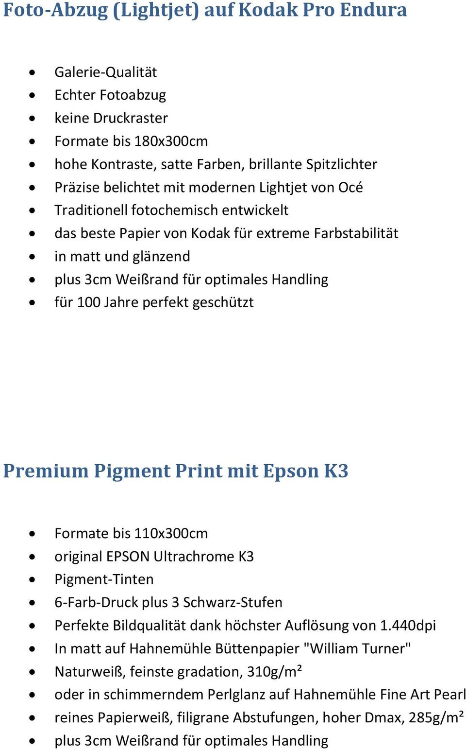 perfekt geschützt Premium Pigment Print mit Epson K3 Formate bis 110x300cm original EPSON Ultrachrome K3 Pigment-Tinten 6-Farb-Druck plus 3 Schwarz-Stufen Perfekte Bildqualität dank höchster