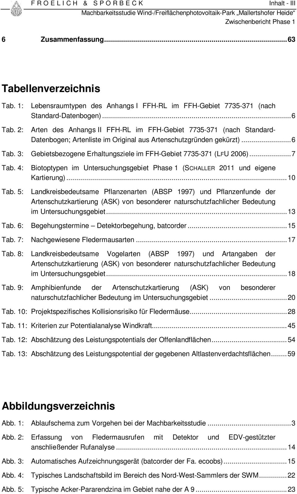 3: Gebietsbezogene Erhaltungsziele im FFH-Gebiet 7735-371 (LFU 2006)... 7 Tab. 4: Tab. 5: Biotoptypen im Untersuchungsgebiet Phase 1 (SCHALLER 2011 und eigene Kartierung).