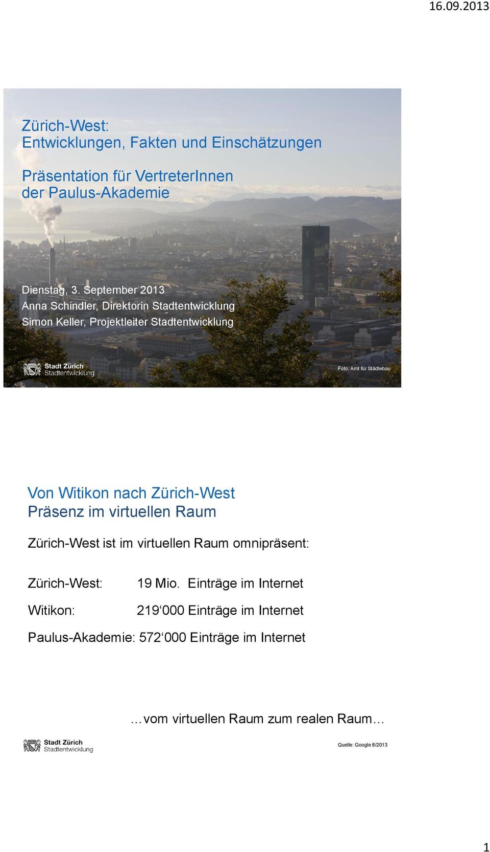 Witikon nach Zürich-West Präsenz im virtuellen Raum Zürich-West ist im virtuellen Raum omnipräsent: Zürich-West: Witikon: 19 Mio.