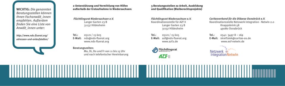 v. Koordinationsstelle für AZF II Langer Garten 23 B 31137 Hildesheim Caritasverband für die Diözese Osnabrück e.v. Koordinationsstelle Netzwerk Integration - NetwIn 2.