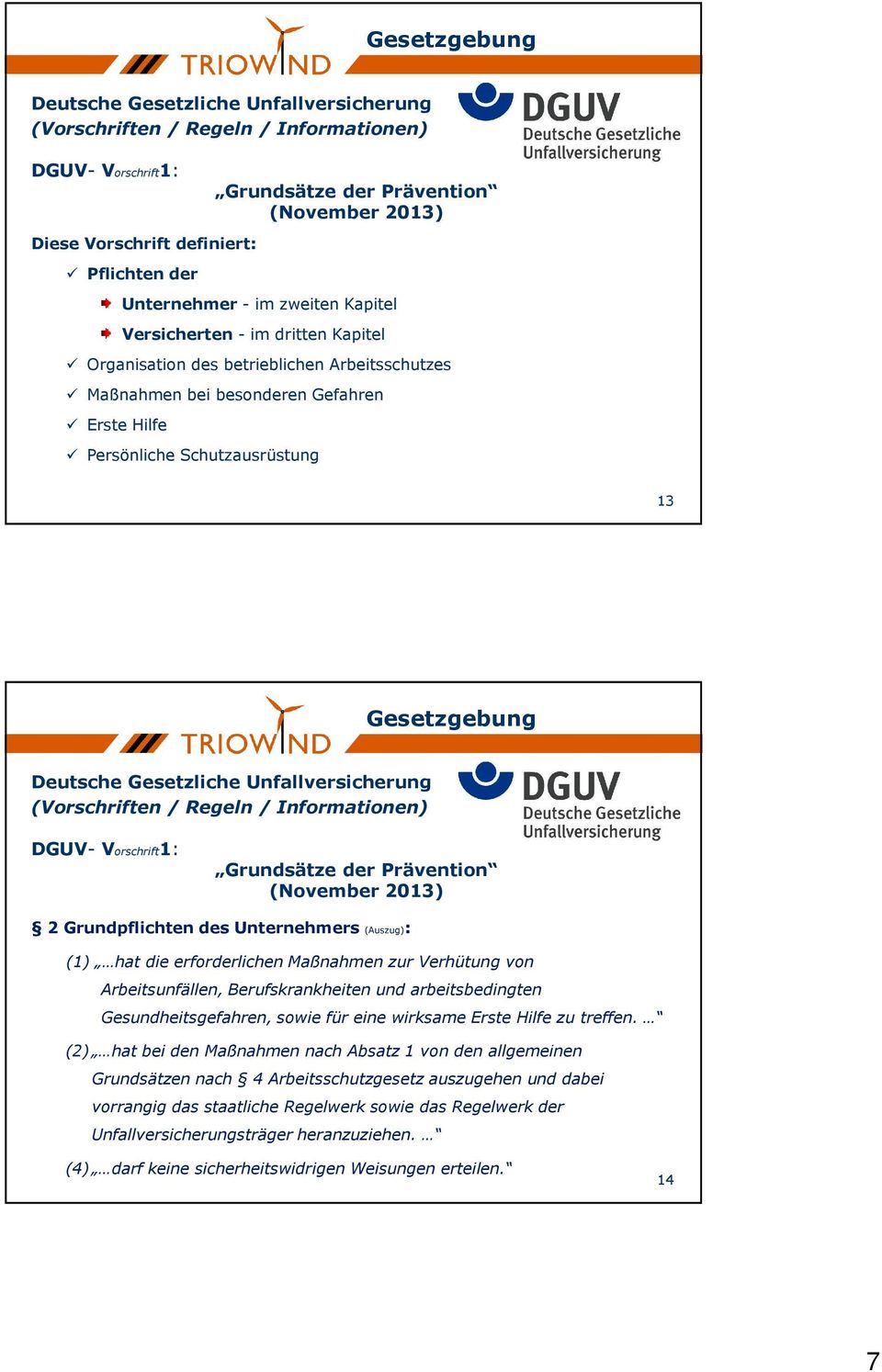 Gesetzgebung Deutsche Gesetzliche Unfallversicherung (Vorschriften / Regeln / Informationen) DGUV- Vorschrift1: Grundsätze der Prävention (November 2013) 2 Grundpflichten des Unternehmers (Auszug):