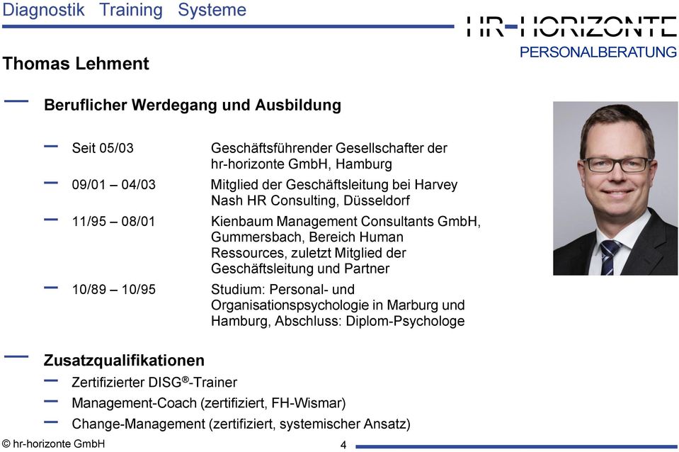 Mitglied der Geschäftsleitung und Partner 10/89 10/95 Studium: Personal- und Organisationspsychologie in Marburg und Hamburg, Abschluss: Diplom-Psychologe