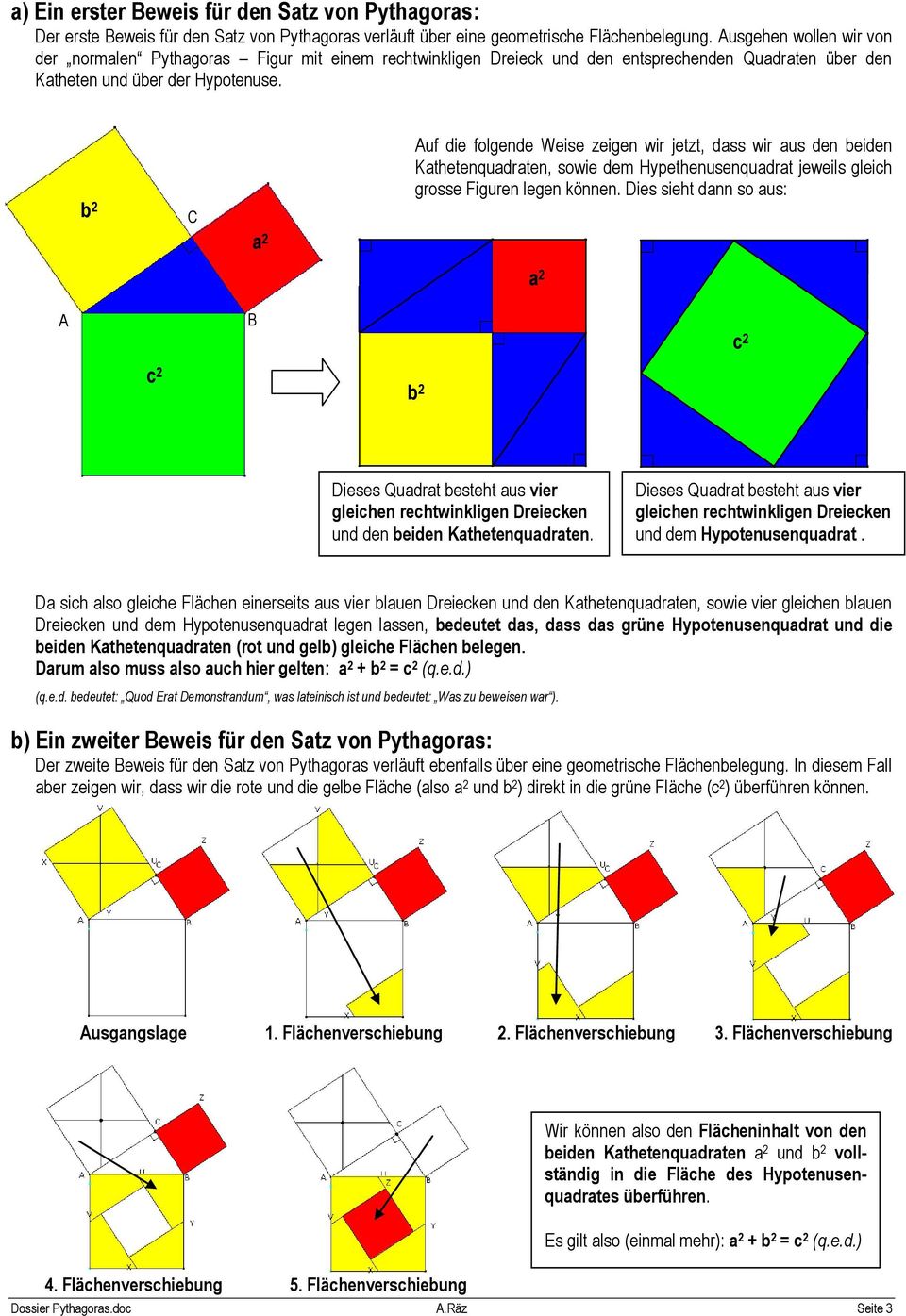 b C a Auf die folgende Weie zeigen wir jetzt, da wir au den beiden Kathetenquadraten, owie dem Hypethenuenquadrat jeweil gleich groe Figuren legen können.