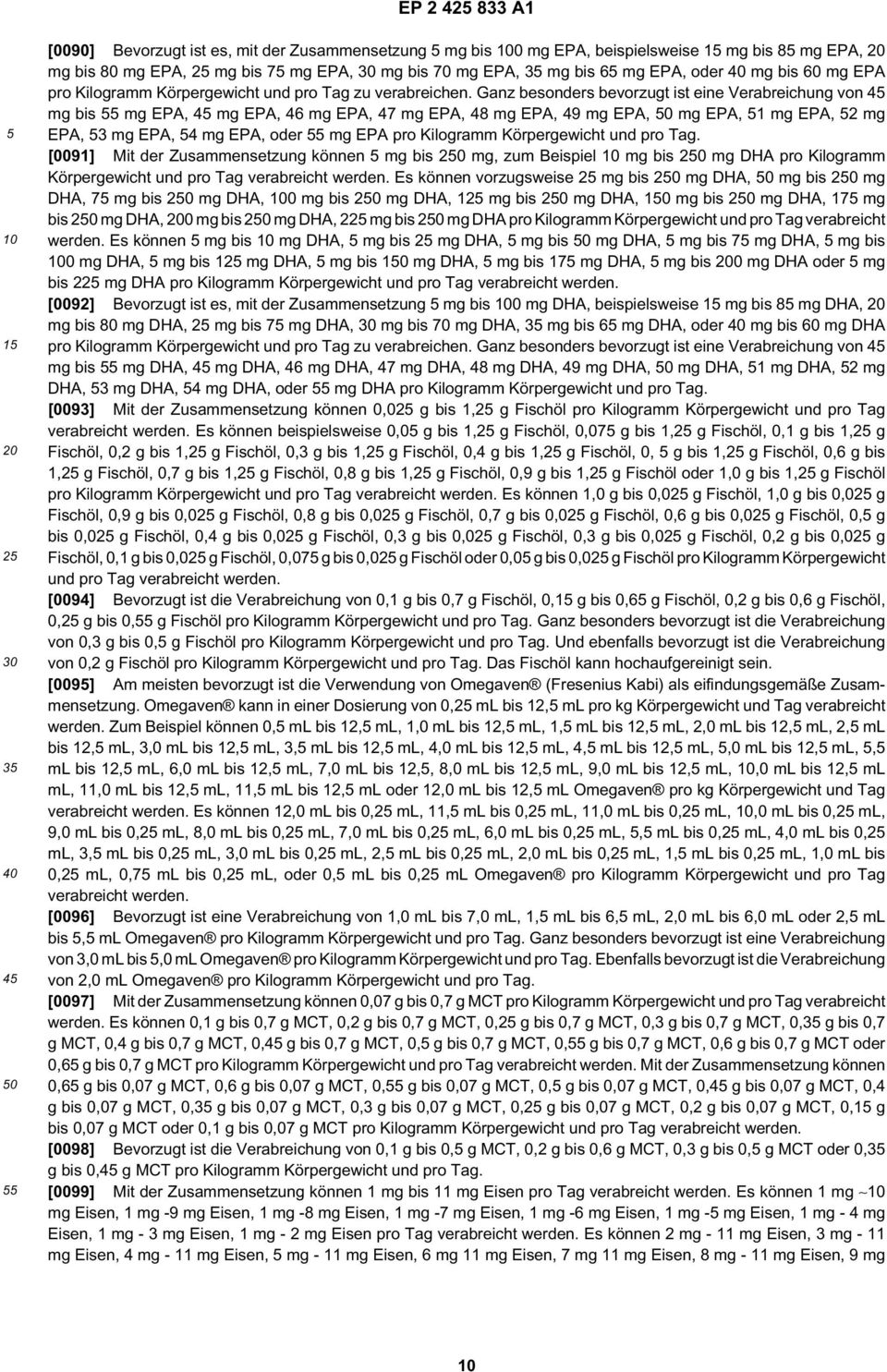 Ganz besonders bevorzugt ist eine Verabreichung von 4 mg bis mg EPA, 4 mg EPA, 46 mg EPA, 47 mg EPA, 48 mg EPA, 49 mg EPA, 0 mg EPA, 1 mg EPA, 2 mg EPA, 3 mg EPA, 4 mg EPA, oder mg EPA pro Kilogramm