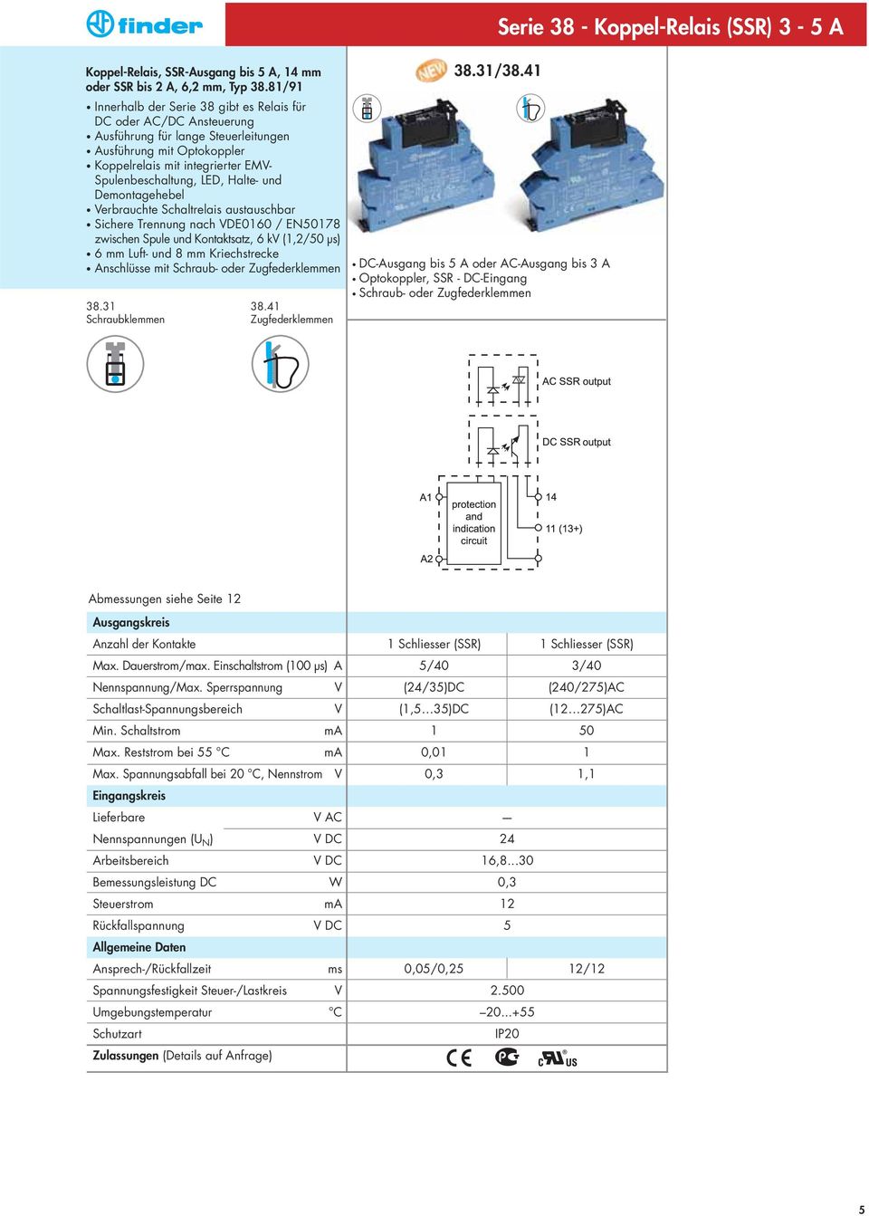 Halte- und Demontagehebel Verbrauchte Schaltrelais austauschbar Sichere Trennung nach VDE0160 / EN50178 zwischen Spule und Kontaktsatz, 6 kv (1,2/50 µs) 6 mm Luft- und 8 mm Kriechstrecke Anschlüsse