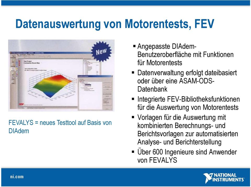 Datenbank Integrierte FEV-Bibliotheksfunktionen für die Auswertung von Motorentests Vorlagen für die Auswertung mit