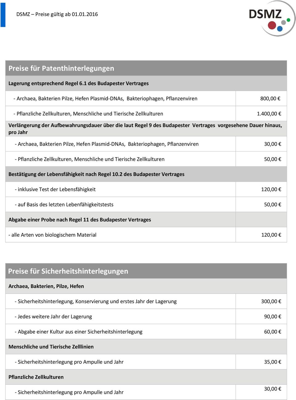 400,00 Verlängerung der Aufbewahrungsdauer über die laut Regel 9 des Budapester Vertrages vorgesehene Dauer hinaus, pro Jahr Archaea, Bakterien Pilze, Hefen Plasmid DNAs, Bakteriophagen,