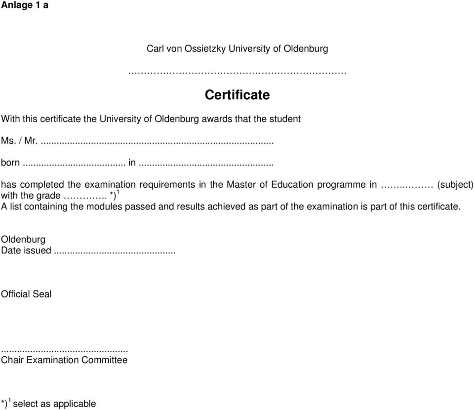 .. has completed the examination requirements in the Master of Education programme in.. (subject) with the grade.