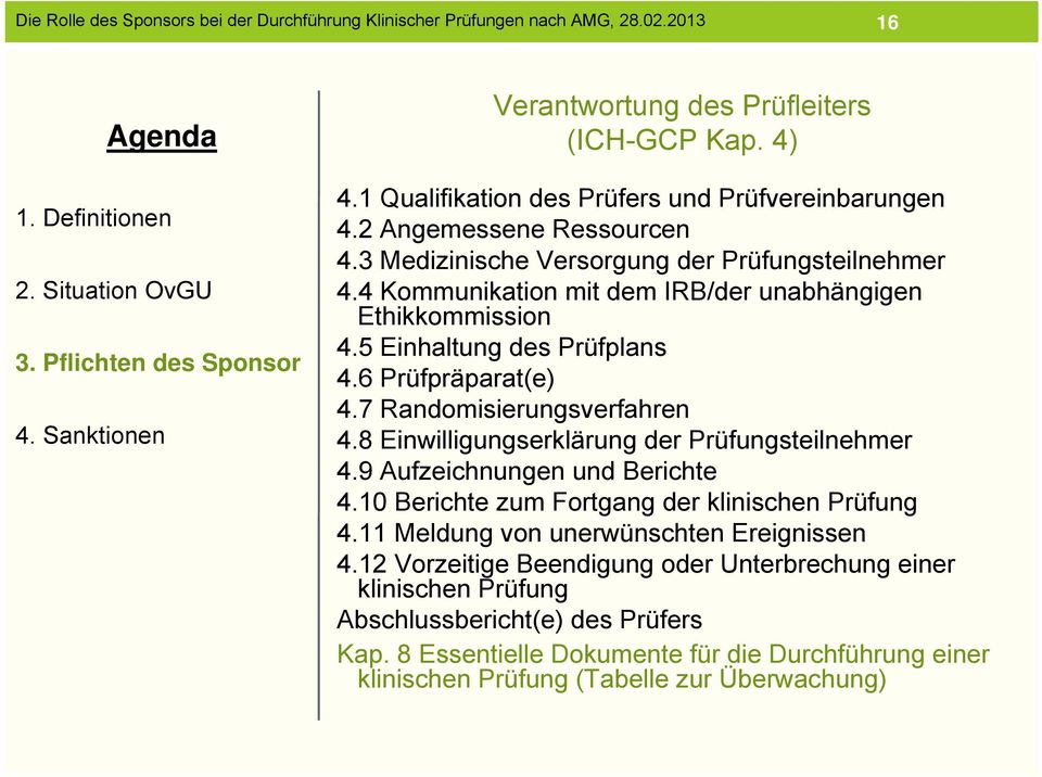 7 Randomisierungsverfahren 4.8 Einwilligungserklärung der Prüfungsteilnehmer 4.9 Aufzeichnungen und Berichte 4.10 Berichte zum Fortgang der klinischen Prüfung 4.