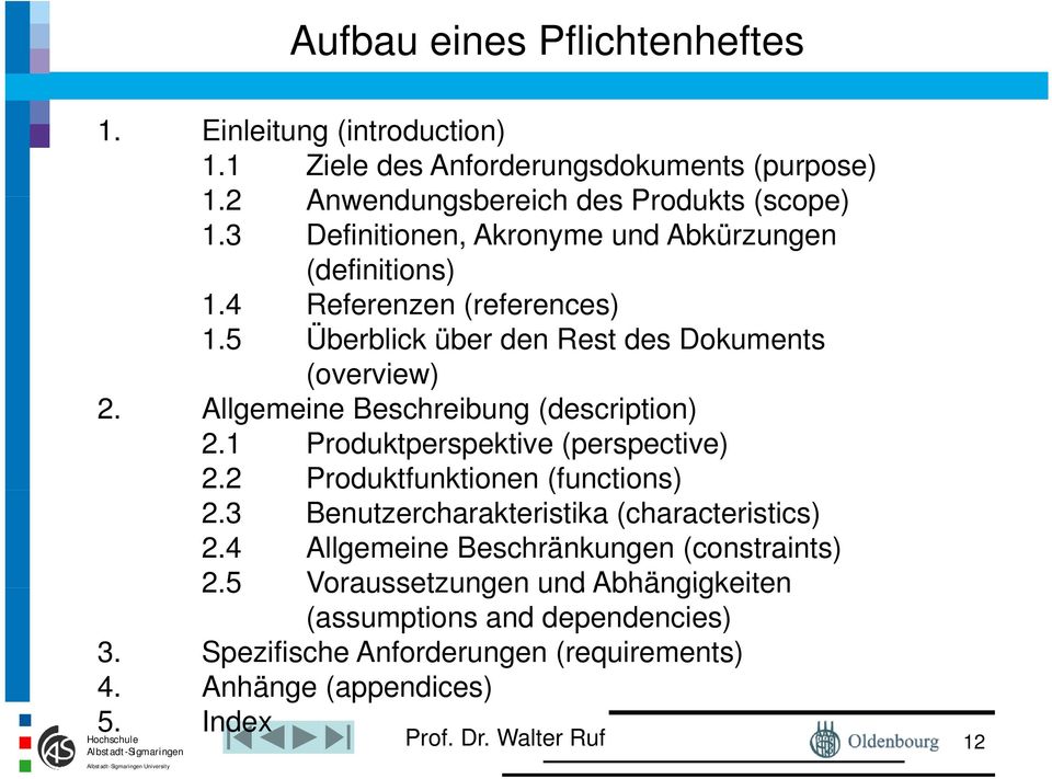 Allgemeine Beschreibung (description) 2.1 Produktperspektive (perspective) 2.2 Produktfunktionen (functions) 2.3 Benutzercharakteristika (characteristics) 2.