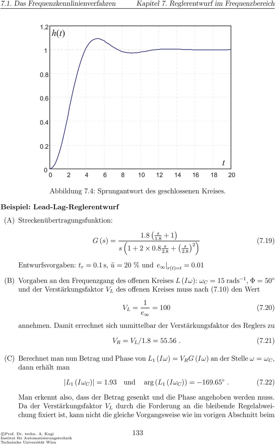 = 15 rad 1, Φ = 50 und der Vertärkungfaktor V L de offenen Kreie mu nach (710) den Wert V L = 1 e = 100 (720) annehmen Damit errechnet ich unmittelbar der Vertärkungfaktor de Regler zu V R = V L /18