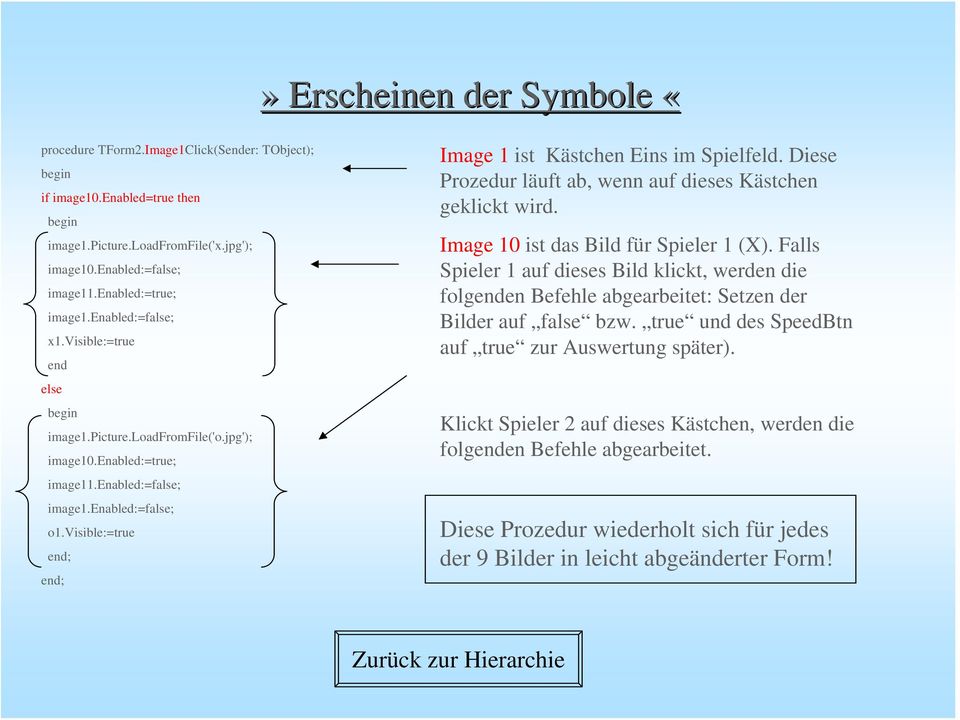 visible:=true end; end; Image 1 ist Kästchen Eins im Spielfeld. Diese Prozedur läuft ab, wenn auf dieses Kästchen geklickt wird. Image 10 ist das Bild für Spieler 1 (X).