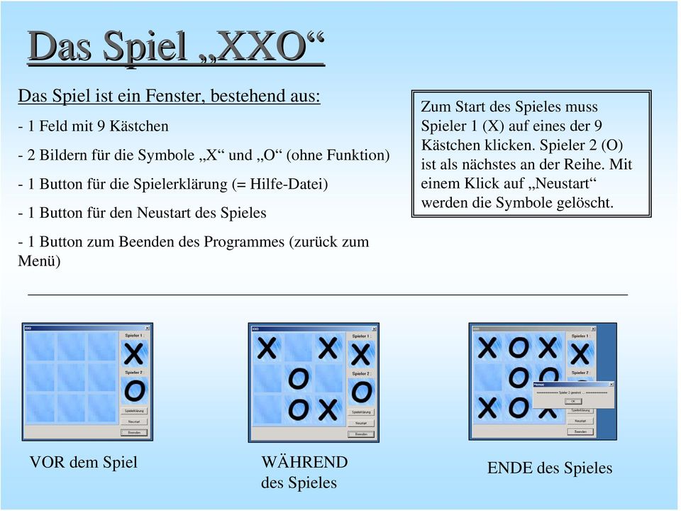 Programmes (zurück zum Menü) Zum Start des Spieles muss Spieler 1 (X) auf eines der 9 Kästchen klicken.