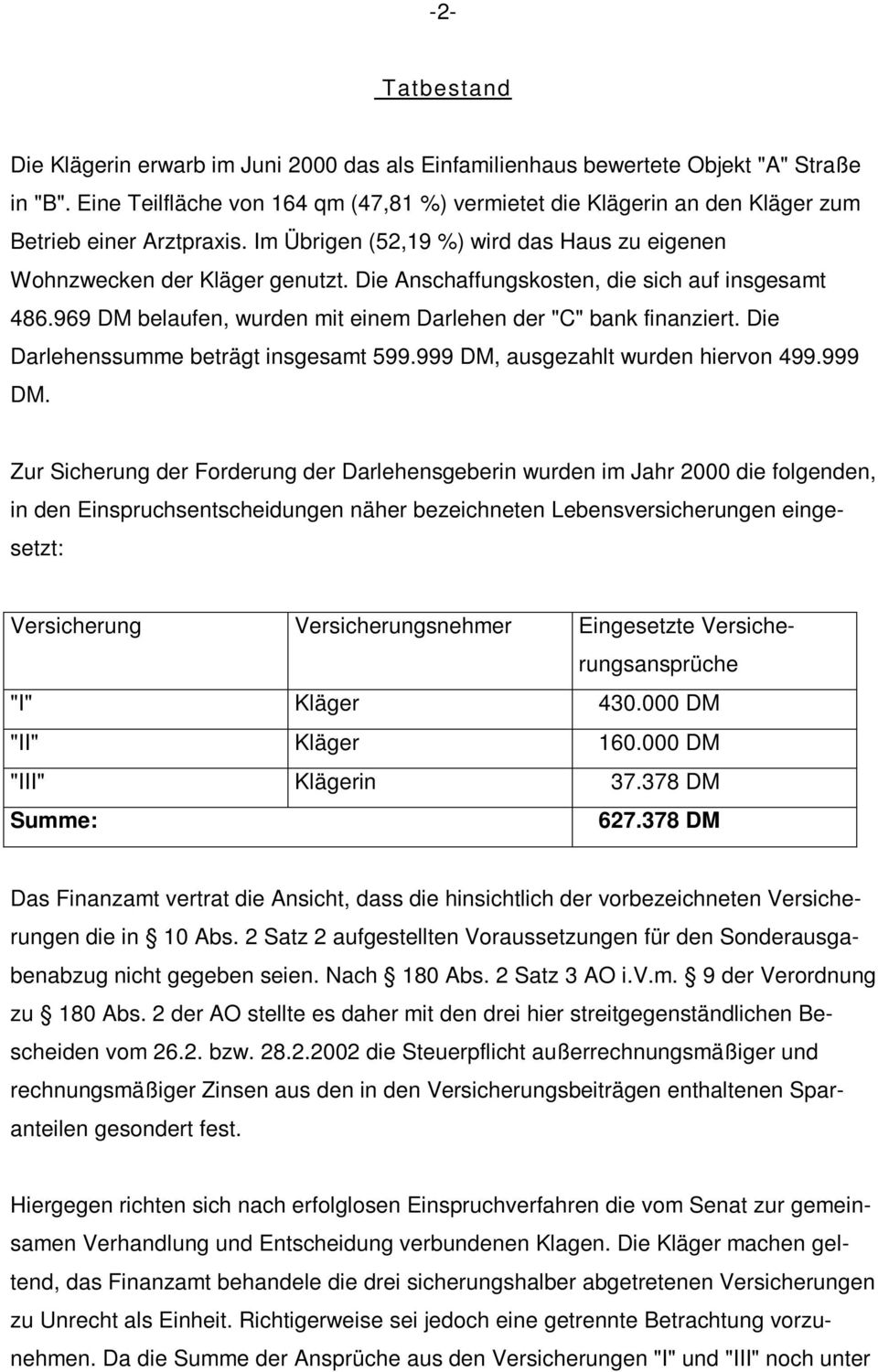 Die Anschaffungskosten, die sich auf insgesamt 486.969 DM belaufen, wurden mit einem Darlehen der "C" bank finanziert. Die Darlehenssumme beträgt insgesamt 599.999 DM, ausgezahlt wurden hiervon 499.