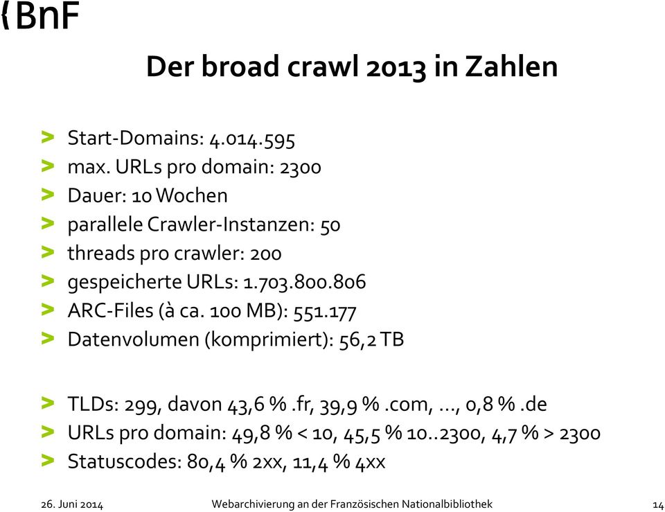 806 ARC-Files (à ca. 100 MB): 551.177 Datenvolumen (komprimiert): 56,2 TB > TLDs: 299, davon 43,6 %.fr, 39,9 %.com,, 0,8 %.