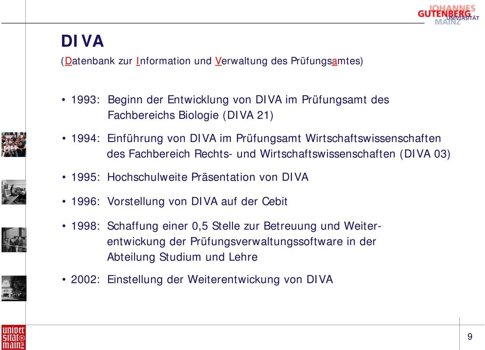 Wirtschaftswissenschaften (DIVA 03) 1995: Hochschulweite Präsentation von DIVA 1996: Vorstellung von DIVA auf der Cebit 1998: Schaffung