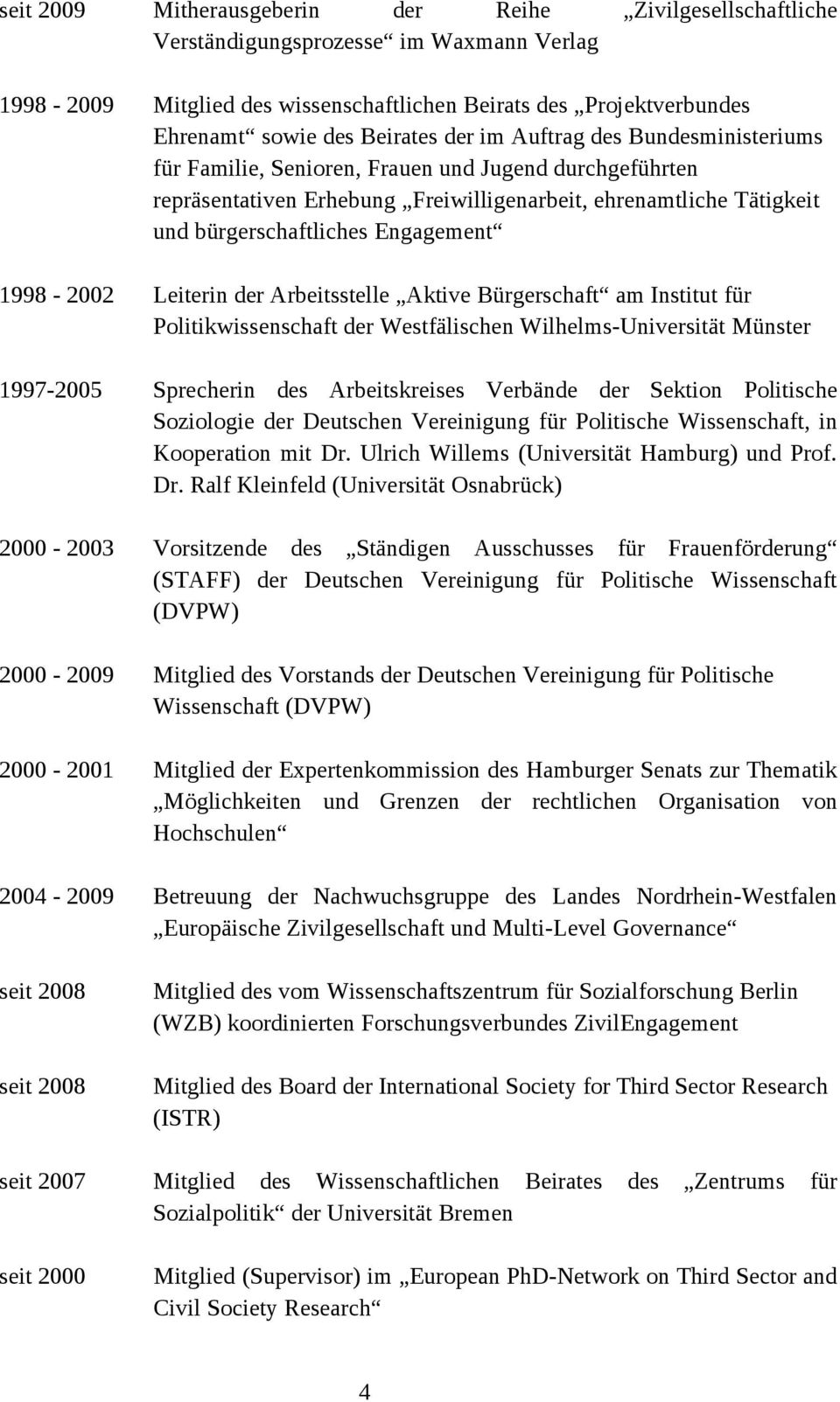 1998-2002 Leiterin der Arbeitsstelle Aktive Bürgerschaft am Institut für Politikwissenschaft der Westfälischen Wilhelms-Universität Münster 1997-2005 Sprecherin des Arbeitskreises Verbände der