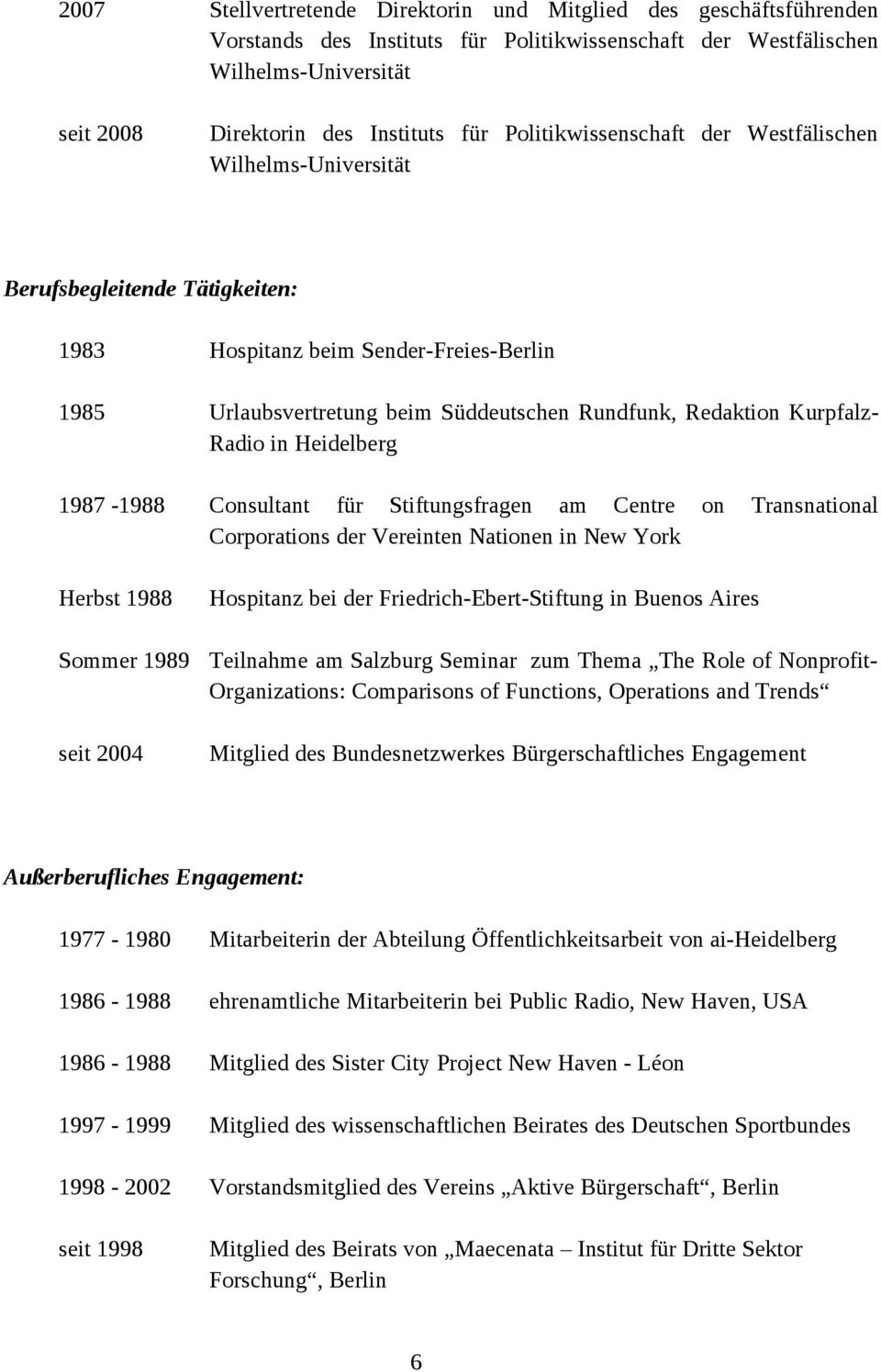 Kurpfalz- Radio in Heidelberg 1987-1988 Consultant für Stiftungsfragen am Centre on Transnational Corporations der Vereinten Nationen in New York Herbst 1988 Sommer 1989 seit 2004 Hospitanz bei der