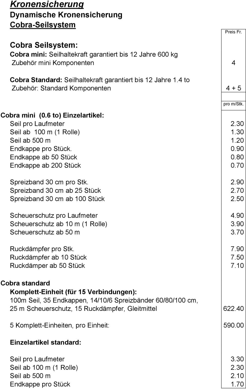 4 to Zubehör: Standard Komponenten 4 + 5 pro m/stk. Cobra mini (0.6 to) Einzelartikel: Seil pro Laufmeter 2.30 Seil ab 100 m (1 Rolle) 1.30 Seil ab 500 m 1.20 Endkappe pro Stück. 0.