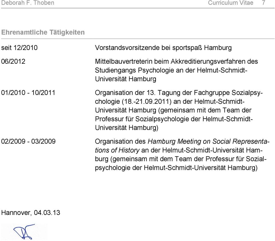 Psychologie an der Helmut-Schmidt- Universität Hamburg 01/2010-10/2011 Organisation der 13. Tagung der Fachgruppe Sozialpsychologie (18.-21.09.