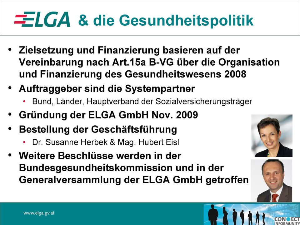 Länder, Hauptverband der Sozialversicherungsträger Gründung der ELGA GmbH Nov. 2009 Bestellung der Geschäftsführung Dr.