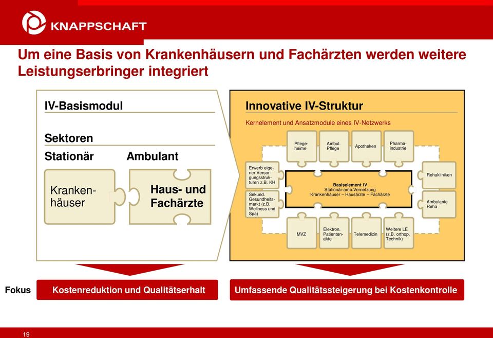 Pflege Apotheken Pharmaindustrie Krankenhäuser Haus- und Fachärzte Erwerb eigener Versorgungsstrukturen z.b. KH Sekund. Gesundheitsmarkt (z.b. Wellness und Spa) Basiselement IV Stationär-amb.