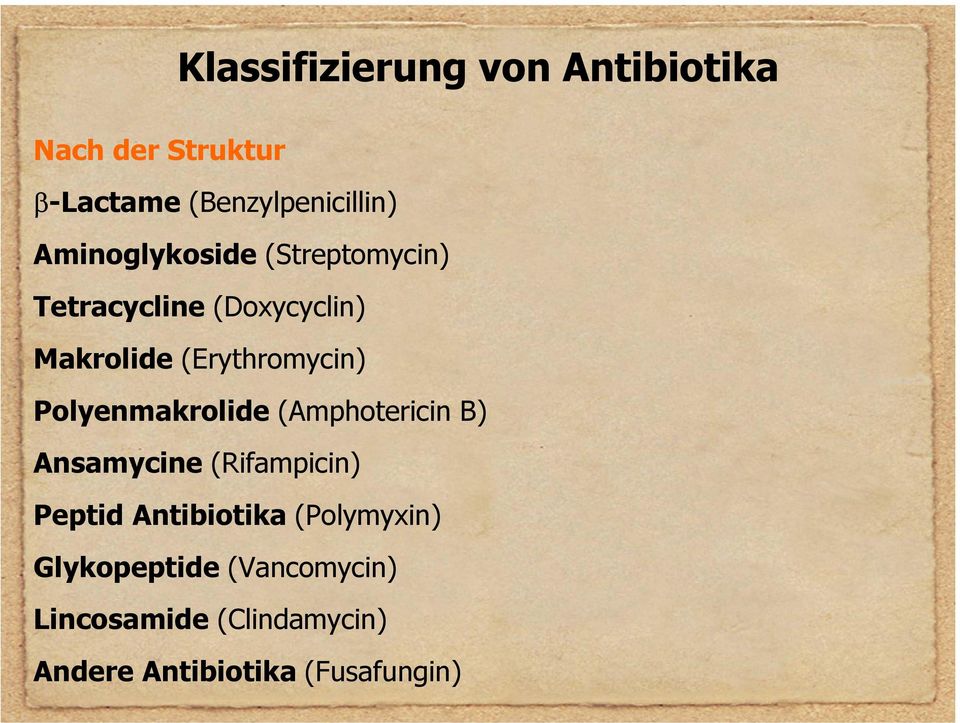 Polyenmakrolide (Amphotericin B) Ansamycine (Rifampicin) Peptid Antibiotika