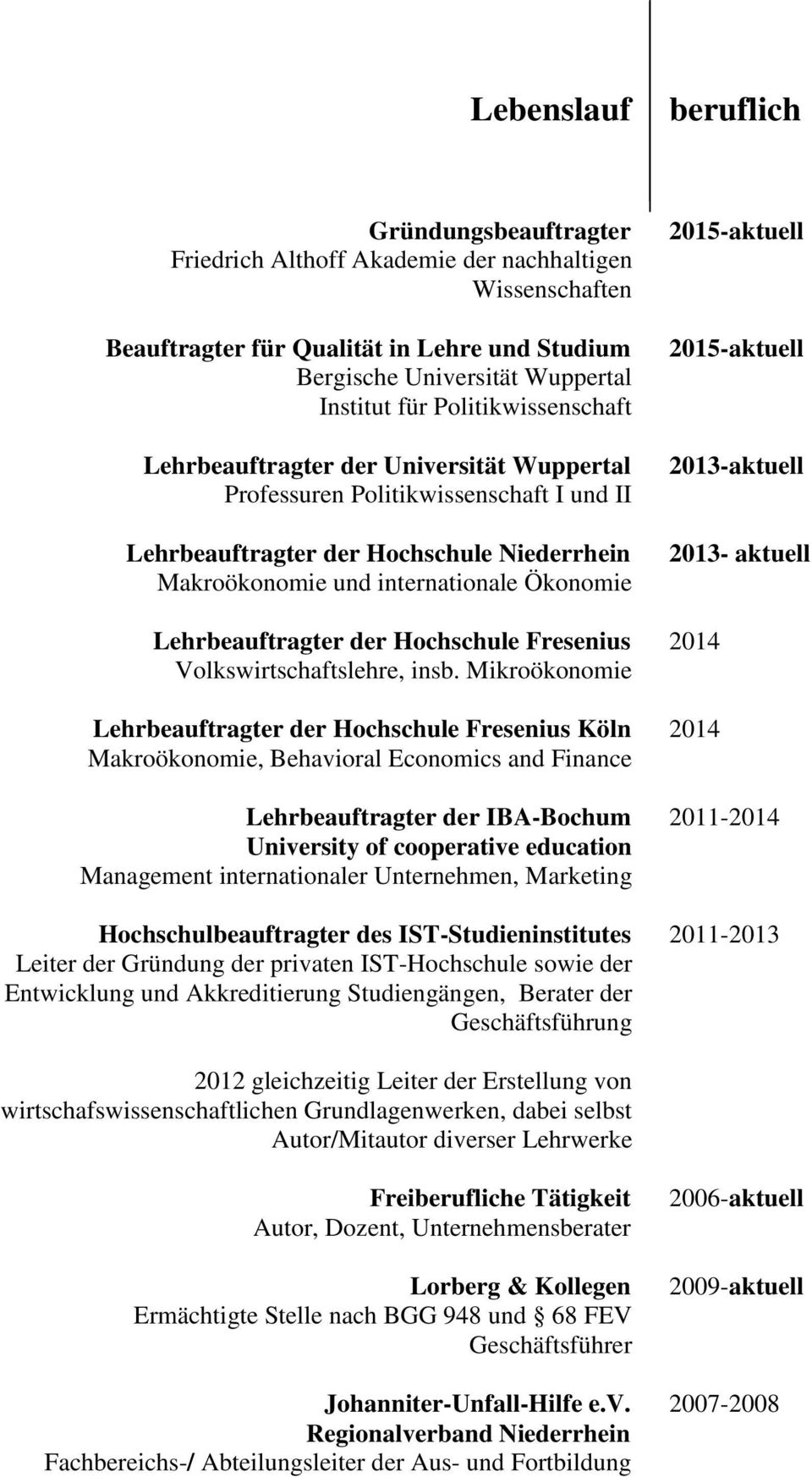 2015-aktuell 2015-aktuell 2013-aktuell 2013- aktuell Lehrbeauftragter der Hochschule Fresenius 2014 Volkswirtschaftslehre, insb.