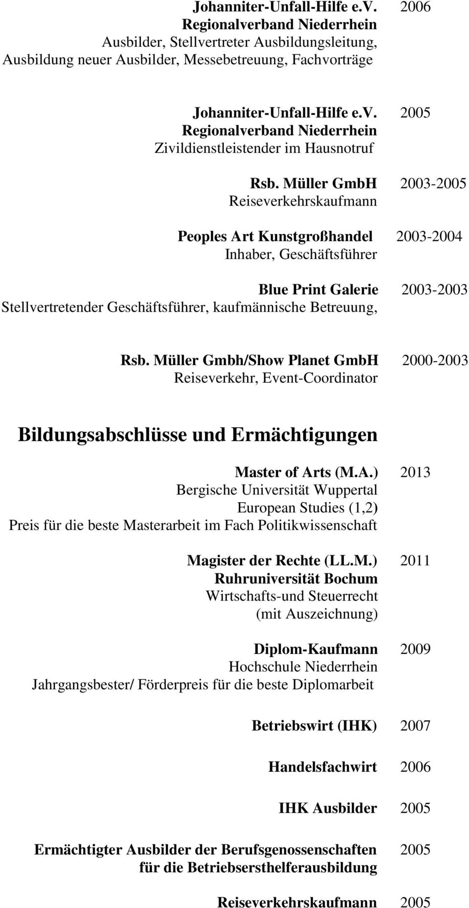 Rsb. Müller Gmbh/Show Planet GmbH 2000-2003 Reiseverkehr, Event-Coordinator Bildungsabschlüsse und Ermächtigungen Master of Ar