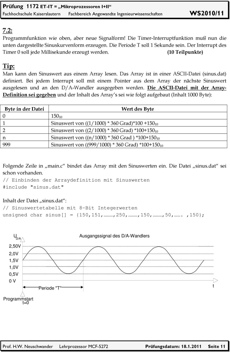 Bei jedem Interrupt soll mit einem Pointer aus dem Array der nächste Sinuswert ausgelesen und an den D/A-Wandler ausgegeben werden.