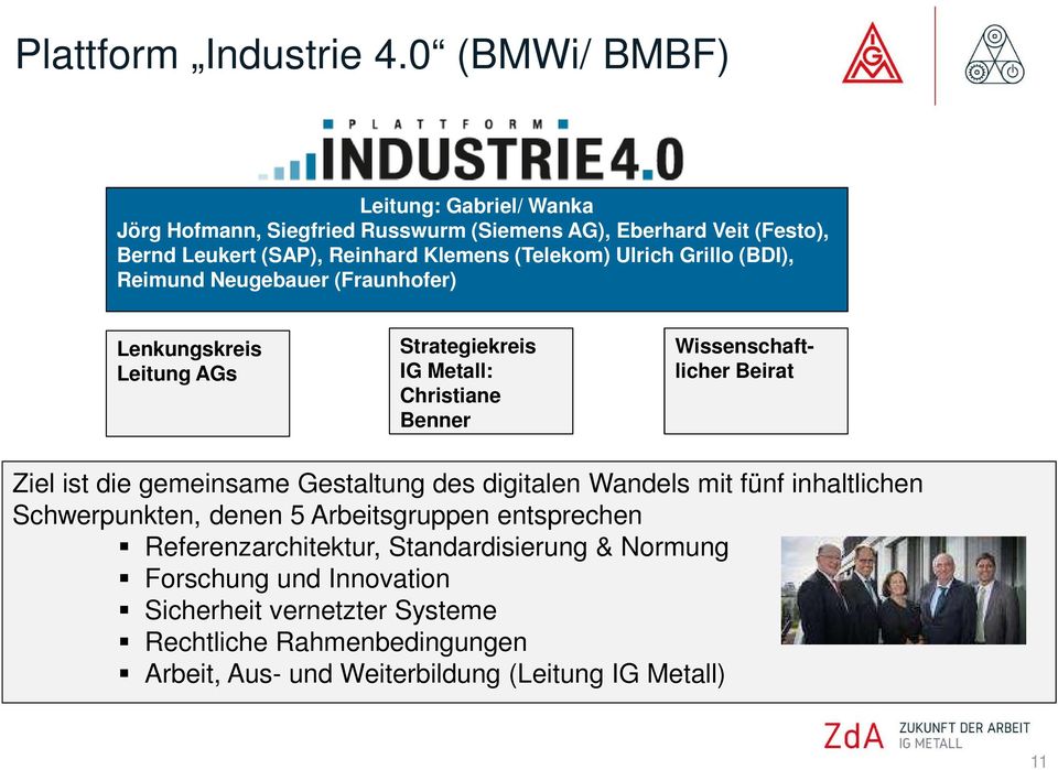 Grillo (BDI), Reimund Neugebauer (Fraunhofer) Lenkungskreis Leitung AGs Strategiekreis IG Metall: Christiane Benner Wissenschaftlicher Beirat Foto 1 Foto 2 Ziel ist