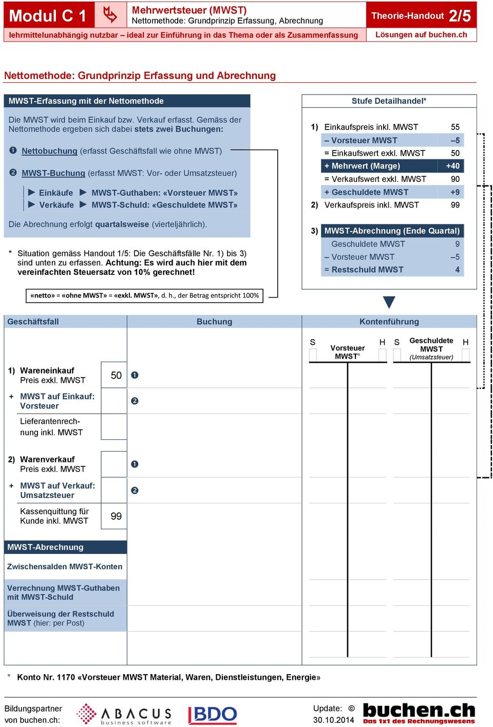 Gemäss der Nettomethode ergeben sich dabei stets zwei Buchungen: Nettobuchung (erfasst Geschäftsfall wie ohne MWT) MWT-Buchung (erfasst MWT: Vor- oder Umsatzsteuer) 1) Einkaufspreis inkl.