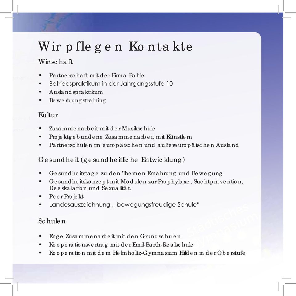 Gesundheitstage zu den Themen Ernährung und Bewegung Gesundheitskonzept mit Modulen zur Prophylaxe, Suchtprävention, Deeskalation und Sexualität.