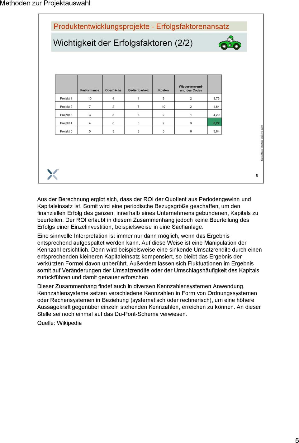 Der ROI erlaubt in diesem Zusammenhang jedoch keine Beurteilung des Erfolgs einer Einzelinvestition, beispielsweise in eine Sachanlage.